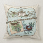Pájaros del vintage, almohada azul de la jerarquía