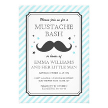 Pale aqua blue teal stripes mustache baby shower announcements