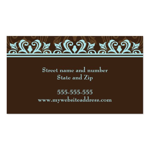 Pale blue and brown elegant damask profile cards business card template (back side)