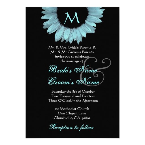 Pale Blue Black White Sunflower Wedding Invitation