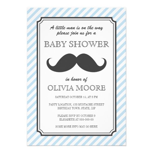 Pale blue stripes retro mustache bash baby shower invites
