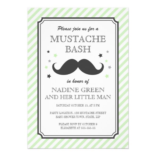 Pale green stripes little man mustache baby shower custom invites