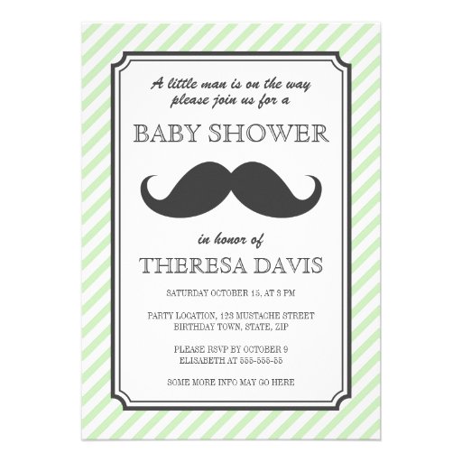 Pale green stripes retro mustache bash baby shower custom invites