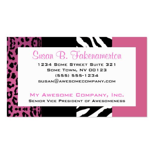 Pale Pink and Black Animal Print Zebra and Leopard Business Card Template (front side)