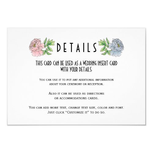 Pale pink blue peonies wedding details insert card