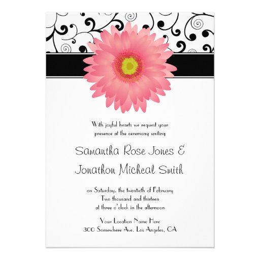 Pale Pink Gerbera Daisy Scroll Design Wedding Personalized Announcement