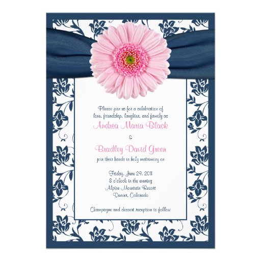 Pale Pink Gerbera Navy Floral Wedding Invitation