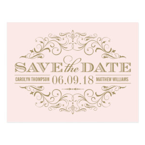 Pale Pink Gold Save the Date | Swirl and Flourish Postcard