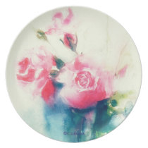 pale pink roses, floral watercolor painting, plate plates