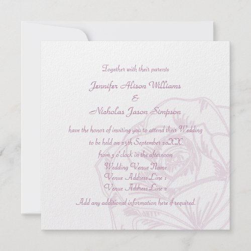 Pale Purple Rose on White Wedding Invitation invitation