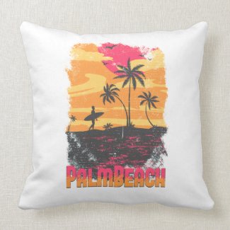 Palm Beach surfer palm trees pink orange faded Pillows