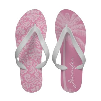Palm; Carnation Pink Damask Pattern Flip-Flops