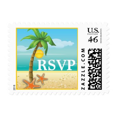 Palm &amp; starfish tropical beach wedding RSVP stamp