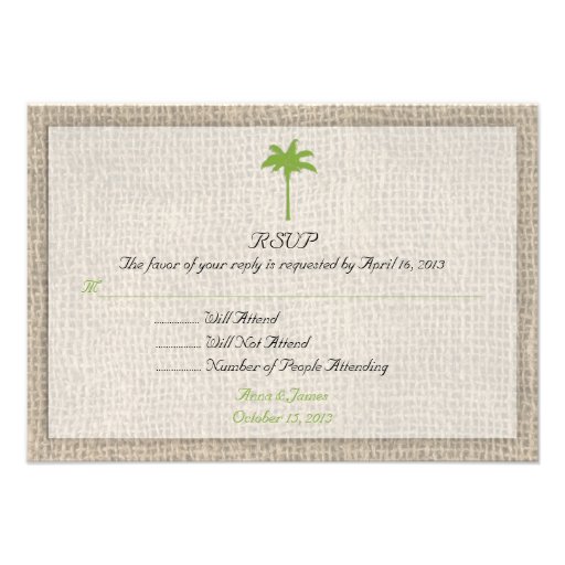 Palm Tree & Burlap Beach Wedding RSVP Personalized Invitation from