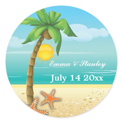 Palm tree &amp; starfish beach wedding Save the Date Sticker