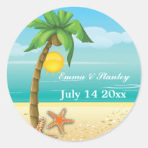 Palm tree & starfish beach wedding Save the Date Sticker