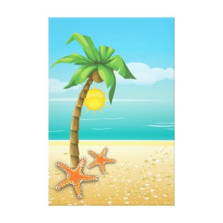 Palm tree, starfish & sun tropical scenery wrappedcanvas