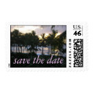 postcard - Palm trees at sunset save the date stamp