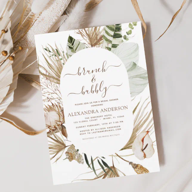 Pampas Grass Boho Brunch Bubbly Bridal Shower In Invitation Zazzle