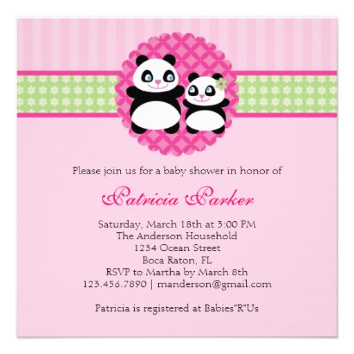 Panda Bear Girl Baby Shower Invitation