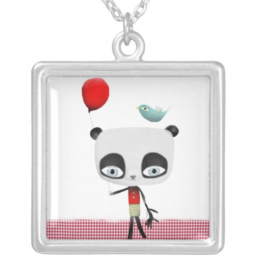 Panda bear red balloom blue bird pendant Necklace