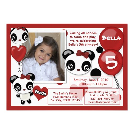 Panda birthday invitation red black (photo)