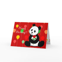 Panda Cartoon and A Heart Flower Birthday Greeting Card