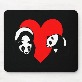 Mousepad features two pandas in front of a big red heart and makes a great birthday present or holiday gift