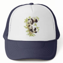 Pandas Playing in a Tree Trucker Hat