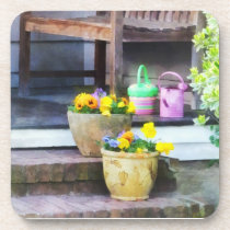 Pansies and Watering Cans on Steps cork coasters