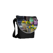 Pansies and Watering Cans on Steps messenger bags