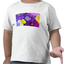 Pansy flowers floating in bird bath with dew shirts