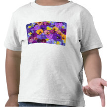 Pansy flowers floating in bird bath with dew shirts