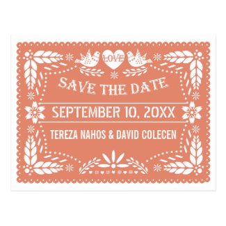Papel picado lovebirds peach wedding Save the Date Post Cards