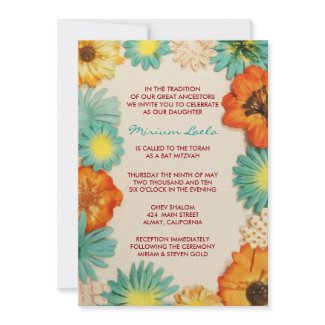 Paper Flowers Aqua Bat Mitzvah Invitation Invite invitation