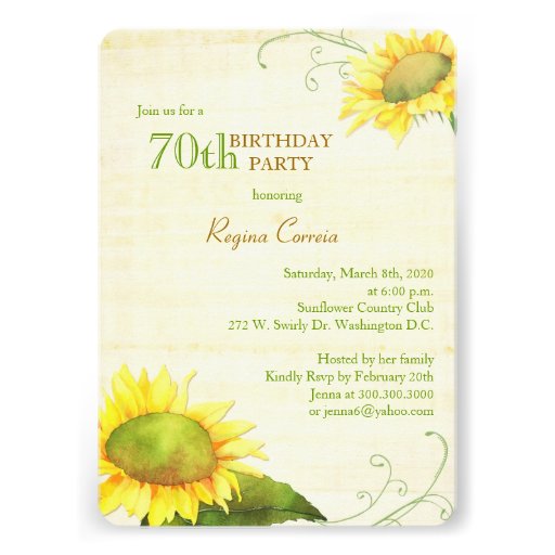 Papyrus Sunflowers 70th Birthday Party Invitations (front side)