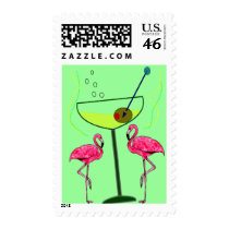 "Paradise Awakening"--Pink flamingo & Martini postage by gailg1957 "Paradise Awakening"--Pink flamingo & Martini postage