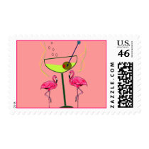 "Paradise Awakening"--Pink flamingo & Martini postage by gailg1957 "Paradise Awakening"--Pink flamingo & Martini postage