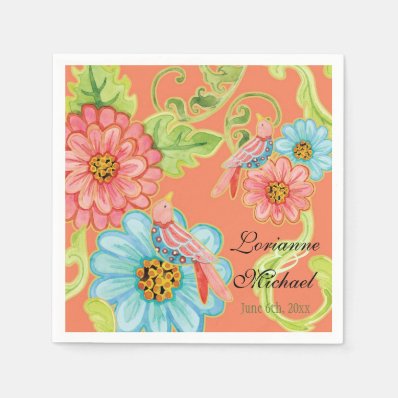 Paradise Love Birds 3, Floral Modern Wedding Decor Napkin