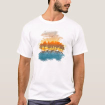 island, paradise, exotic, place, surf, surfer, palms, summer, ocean, sea, water, sunset, birds, swirls, tshirt, pop art, Shirt with custom graphic design