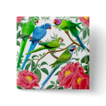 Parakeets and Peonies Pin buttons by twopurringcats Parakeets and Peonies Pin buttons