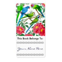 Parakeets in Peonies Bookplate Personalized Shipping Labels