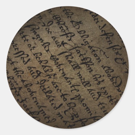 Parchment text with antique writing, old paper classic round sticker