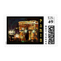 paris, postcard, postal, stamp, arc de triomphe, night, night lights&#39; paintings art ginette, fine art, europe, travel, france, french, acrylic, Frimærke med brugerdefineret grafisk design