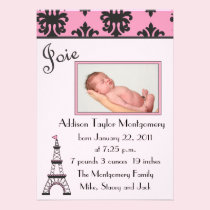 Paris Chic Black and Pink Birth Announcement invitations