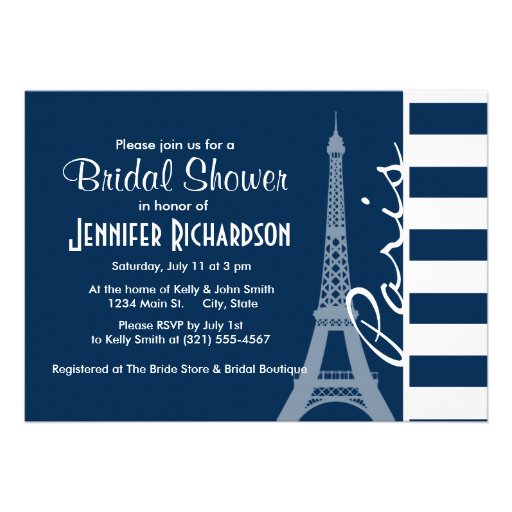 Paris; Dark Midnight Blue Horizontal Stripes Personalized Invitation