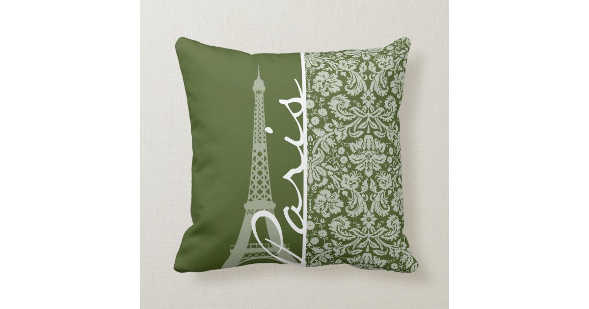 Paris; Dark Moss Green Damask Throw Pillow Zazzle