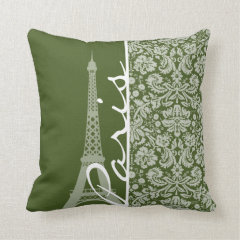 Paris; Dark Moss Green Damask Throw Pillows