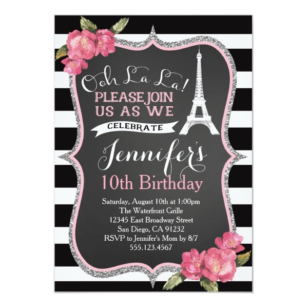 Paris Eiffel Tower Birthday Party Invitation (front side)