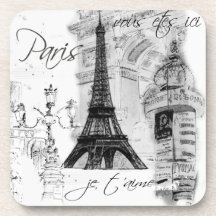 Paris Eiffel Tower Black & White Collage Drink Coasters